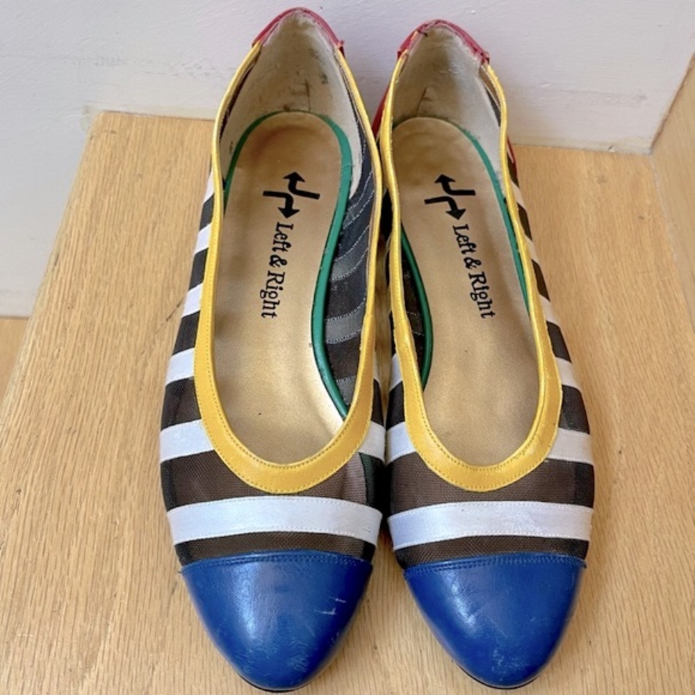 Left & Right Primary Color Flats with Mesh & White Ribbon Trim, size 7.5